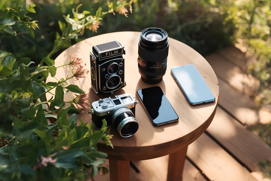 Camarás fotografícas y celulares sobre una mesa.