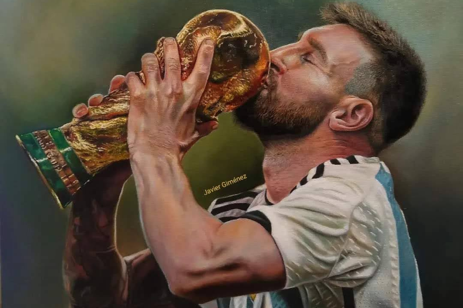 Retrato del pintor de Lionel Messi levantando y besando la copa del mundo