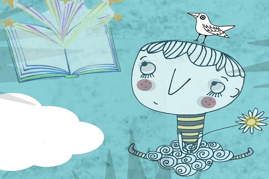 Se observa el dibujo de un niño que sostiene una flor y tiene un pájaro sobre su cabeza. Y a su lado un libro abierto y una nube.